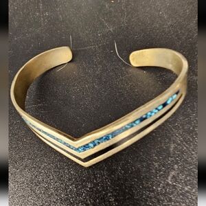 Vintage Turquoise And Onyx Unique Vintage Gold and Blue‎ Chevron Bracelet